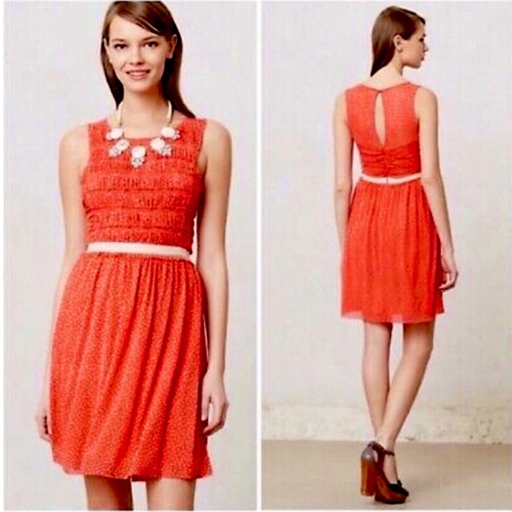 Anthropologie Postmark polka dots coral red mini dress